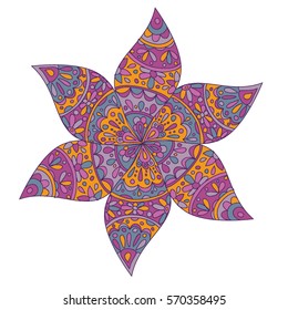 Doodle vector rosette. Colorful ornamental flower, composed from six leaves. Lilac and yellow colors, isolated on white background.