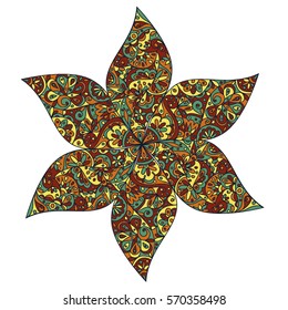 Doodle vector rosette. Colorful ornamental flower, composed from six leaves. Isolated on white background. Thin ornament, natural colors.