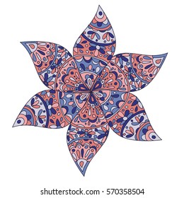 Doodle vector rosette. Colorful ornamental flower, composed from six leaves. Isolated on white background. Blue and salmon colors.