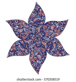 Doodle vector rosette. Colorful ornamental flower, composed from six leaves. Isolated on white background. Thin ornament, pink and blue colors.