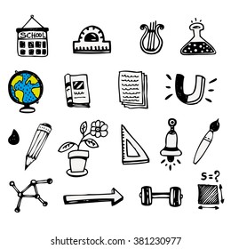 Doodle vector school and educational icons on white background, set 1