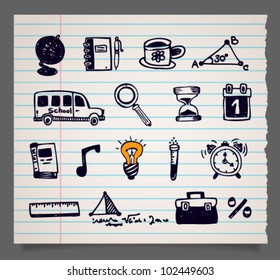 Doodle Vector School Items Icons, Set 2. Image Contains Transparency In Sheet Shape Shadow - You Can Put It On Every Surface. EPS 10