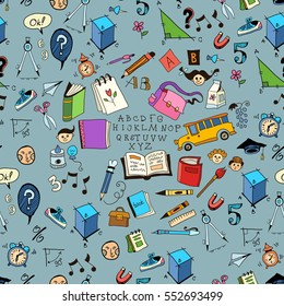 Doodle vector seamless background with school icons.