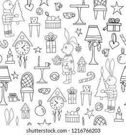 Doodle vector seamless kids pattern with bunny and christmas tree. White and black hand drawn picture for textiles, fabrics, souvenirs, prints, packaging and greeting cards.