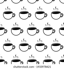 Doodle vector seamless pattern background with hot tea cups, coffee mugs for breakfast design.
