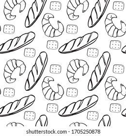 doodle vector seamless pattern , bake illustration, hand-drawn bakery products, black stroke isolated, 
baguette, cookies, kitchen table textile