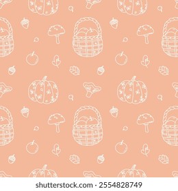 doodle vector seamless pattern with basket and pumpkin.  cute outline elements