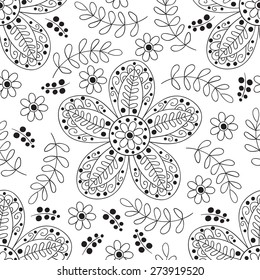 Doodle vector seamless pattern. Black and white print with leaves and flowers. Monochrome background.