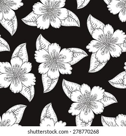 Doodle vector seamless pattern. Black and white print with leaves and flowers. Monochrome floral outline background.