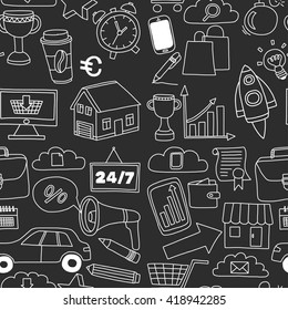 Doodle vector seamless pattern with business elements