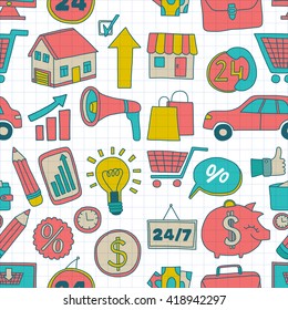 Doodle vector seamless pattern with business elements