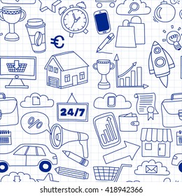 Doodle vector seamless pattern with business elements