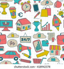 Doodle vector seamless pattern with business elements