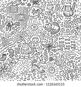 Doodle Vector Seamless Pattern with Cartoon Cats and Flowers. Abstract Floral Background with Animals