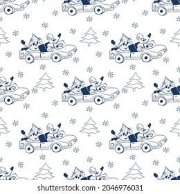 Doodle vector seamless pattern with Christmas elements - snowman, Christmas tree, stars, gifts, car. A hand-drawn background. Illustration for wrapping paper, textiles.