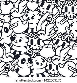 Doodle vector seamless pattern with duck, banana, cat, panda, sugar skull and swallow. Background for wallpaper, wrapping, packing and backdrop.