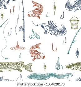 Doodle vector seamless pattern. Fishing illustration.