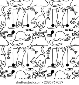 Doodle vector seamless pattern Food waste problem  with garbage and undomestic cats. isolated on white background. Graphic design concepts.