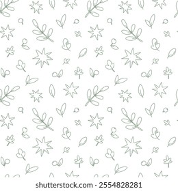 doodle vector seamless pattern with green leaves.  cute outline elements