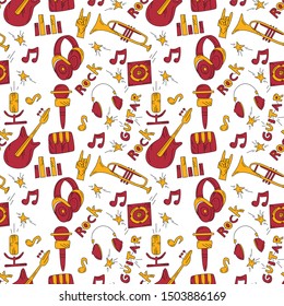 Doodle vector seamless pattern. Hippie music cartoon illustration. Disco party. Retro, vintage backdrop. Musical pop concert, festival, live event background, wallpaper color design