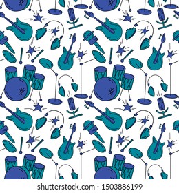 Doodle vector seamless pattern. Hippie music cartoon illustration. Disco party. Retro, vintage backdrop. Musical pop concert, festival, live event background, wallpaper color design