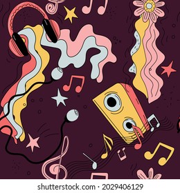 doodle vector seamless pattern. Hippie music cartoon illustrations. Disco party. Retro, vintage backdrop.