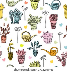 Doodle vector seamless pattern with houseplants in pots, watering cans, birds, dragonflies, butterflies. Color elements. Great for fabrics, wrapping papers,covers. Ink hand drawn illustration on white