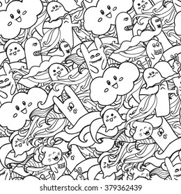Doodle vector seamless pattern with monsters. Funny monsters graffiti. can be used for backgrounds, t-shirts. Hipster Hand drawn Crazy doodle Monster. Coloring pages for adults