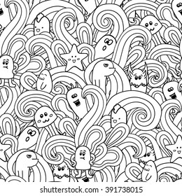 Doodle vector seamless pattern with monsters. Funny monsters graffiti. can be used for backgrounds, t-shirts 