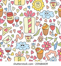 Doodle vector seamless pattern with sweets, coffee, gifts, wine and hearts.