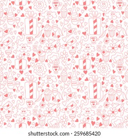 Doodle vector seamless pattern with sweets, coffee, gifts, wine and hearts.