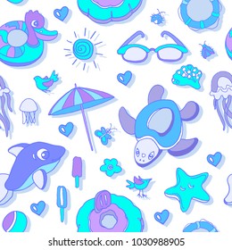 Doodle vector seamless pattern of swimming goods for kids on white background. Sketch marine illustration. Hand draw elements. Vest, mask, tube, swimsuit, cap, panama, star. Summer children's holiday