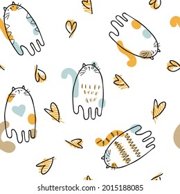 Doodle vector seamless pattern of three-colored cats of good luck. Perfect for fabric, textile and prints. Hand drawn illustration for decor and design.