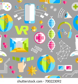 Doodle vector seamless pattern with virtual reality and innovative technologies. Flat objects: smartphone, internet, gamepad, joystick, vr-device, 3d-glasses, emoji, likes. Elegant style