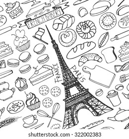 Doodle vector seamless pattern.Doodle vector.French Bakery,bread and pastries ornament with Eiffel tower.Vintage elements for  cafe shop.