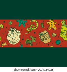 Doodle vector seamless rectangular pattern illustration. Colorful sweets on a red background. Christmas treats, cookies, honey, lollipops, fruit. Packaging paper, fabric, New Year decoration. Holidays