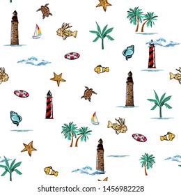 Doodle Vector is seamless and repeatable. Tropical summer elements print Wallpaper with nature beach island mood on white background, Design for fashion fabric,wallpaper,web,and all prints