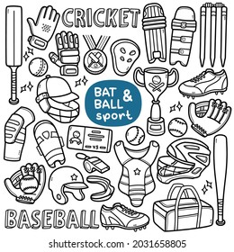 Doodle vector set: bat and ball sport equipments and objects such as baseball and cricket bat, glove, pad, shoe, body protection helmet, etc. Black and white line illustration