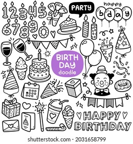 Doodle Vector Set: Birthday Party Objects And Elements Such As Cake, Clown, Candle, Gift, Etc. Black And White Line Illustration