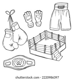 Doodle vector set: Boxing sport equipments and objects such as tank top, trunk, fight gear, gloves, belt, speed bag, etc. Black and white line illustration