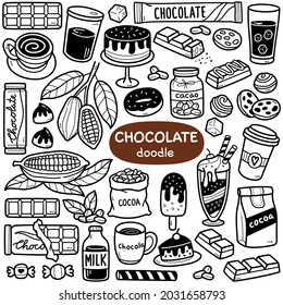 Juego de vectores de Doodle: Cacao y productos de chocolate como frijol de cacao, polvo de cacao, helado, tarta, etc. Ilustración de línea blanca y negra