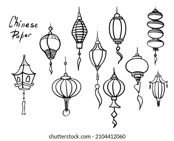 Doodle vector set of chinese paper lanterns. Flat icons oriental decoration of china culture. Illustration of asian celebration festival decor. Hand draw traditional lights isolated on white
