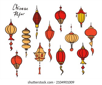 Doodle vector set of chinese paper lanterns. Flat colorful icons oriental decoration of china culture. Illustration of asian celebration festival decor. Hand draw traditional lights isolated on white