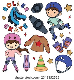 Doodle vector set with colored roller skates