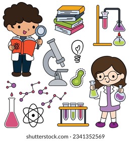 Doodle vector set with colored  scientist and laboratory stuff