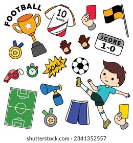 Doodle vector set with colored soccer players and equipment