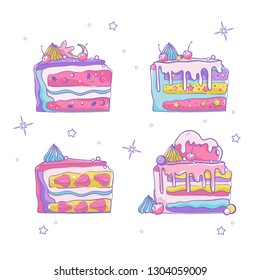 Doodle vector set. Colorful magically sweets. Cute cupcakes and cakes. 