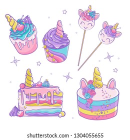 Doodle vector set. Colorful sweets. Cute cupcakes and cakes. Magically unicorn sweets.