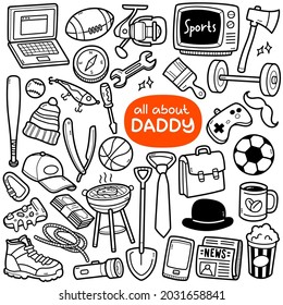 Doodle vector set: Daddy related objects and elements such as hobby, sports, daily life, etc. Black and white line illustration