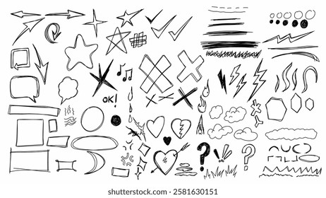 doodle vector set featuring arrows, stars, hearts, check marks, speech bubbles, lightning bolts, and abstract shapes. Hand drawn Black ink sketch style on a white background
